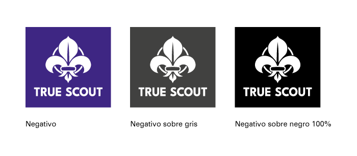 True Scout. Logo color, gris y negro en negativo